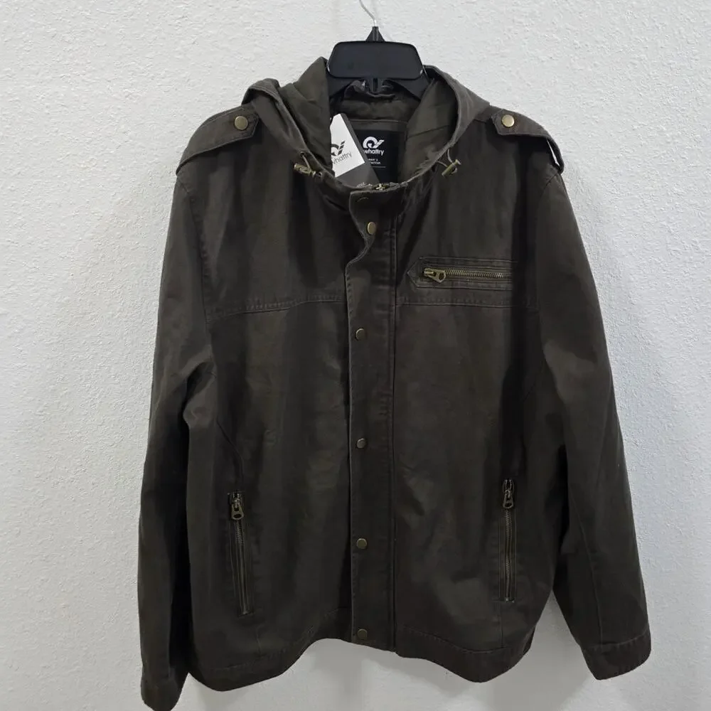 Whattry Men’s Utility Jacket XL Brown Hooded Military Field Coat Cargo Casual